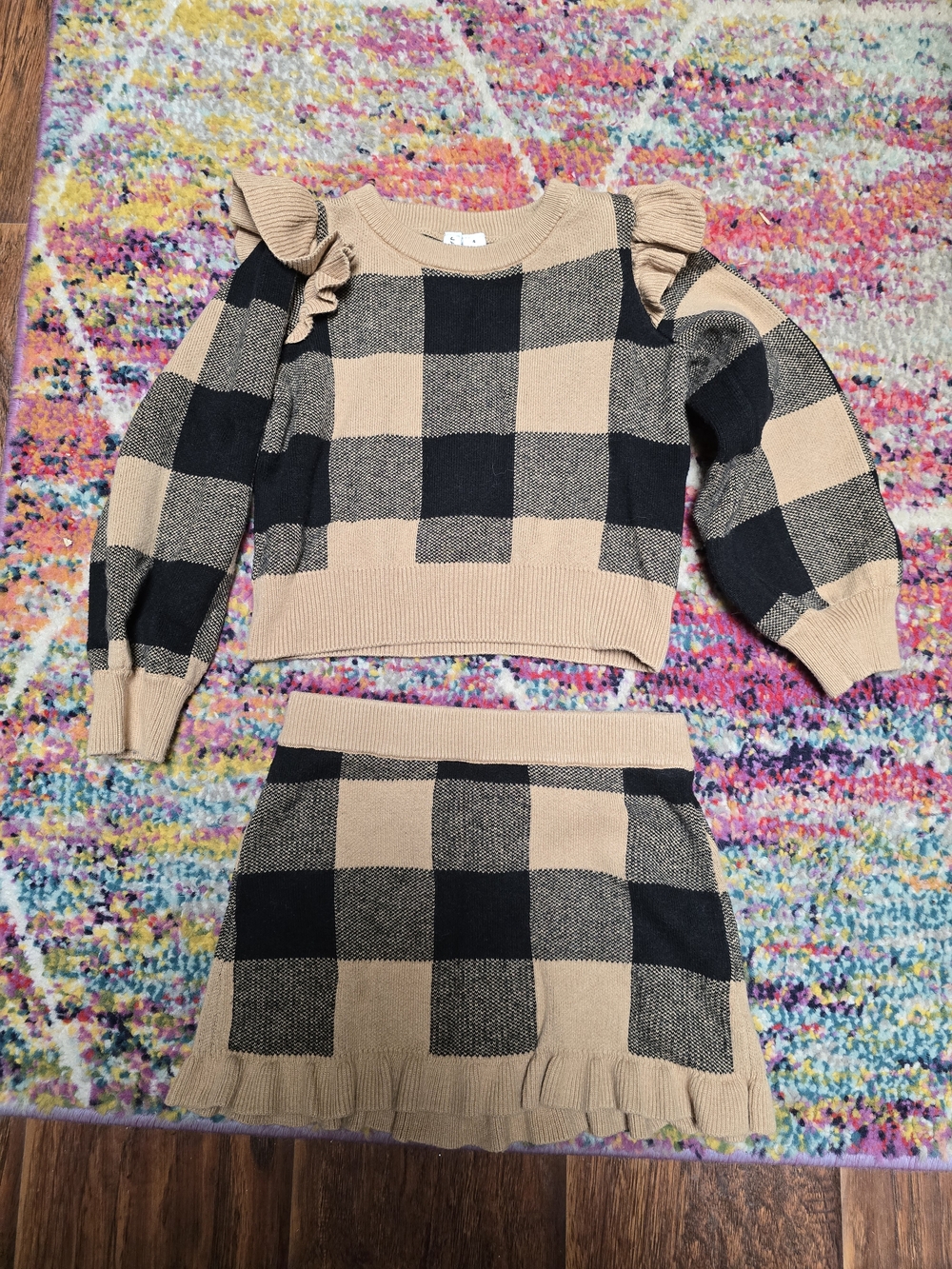 Janie and Jack Beige and Black Buffalo Check Knit Sweater & Skirt Set - Girls